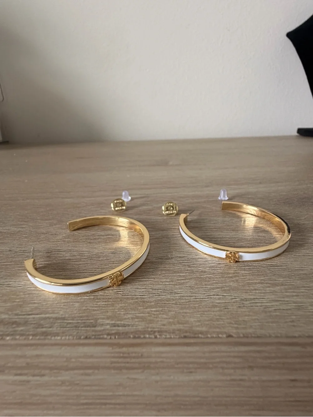 Tory Burch Gold Hoops with White Enamel Trim
